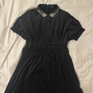 Fab'rik Elegant Black Mini Dress with Embellished Collar